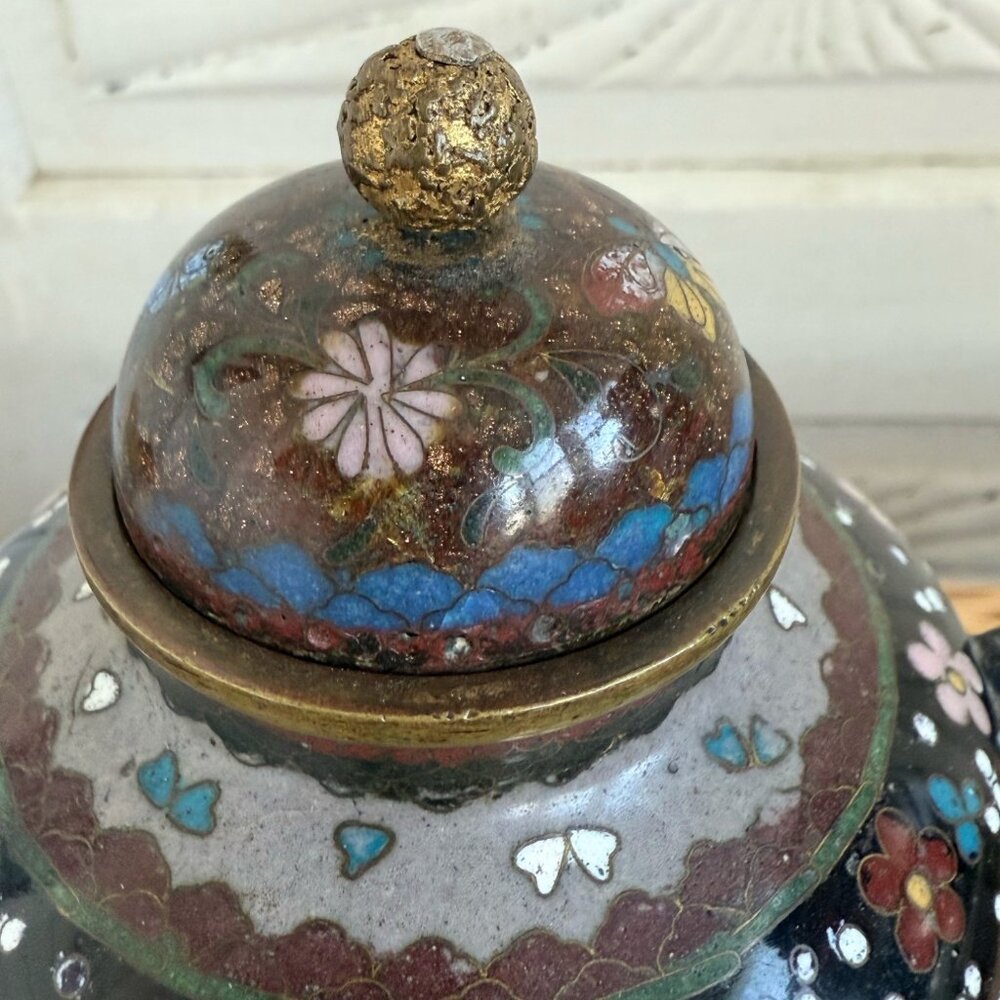Antique Meiji 1910s Japanese Goldstone Cloisonne' Urn/ Stand Butterfly flower 7" - Picture 4 of 16
